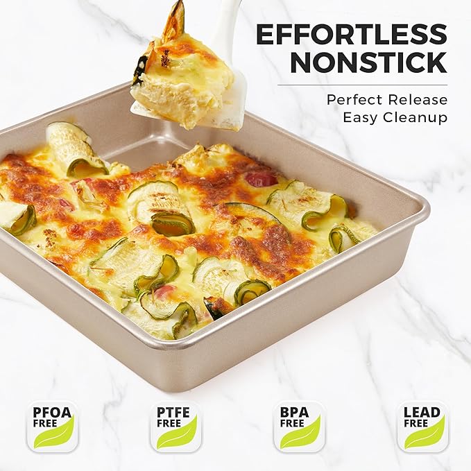 HONGBAKE Deep Baking Pans Set of 3, Nonstick Rectangle Sheet Cake Pans, 13/11/9 Inch Metal Oven Tray for Cooking Lasagna Brownie, Stackable Multi-Depth Bakeware, Golden