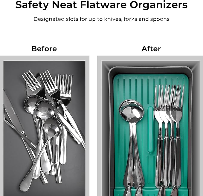Linoroso Silverware Drawer Organizer with 4 Compartments, Adjustable, BPA Free, Silverware Drawer Organizer - Green