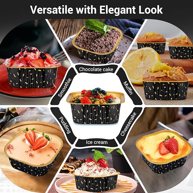 EUSOAR Baking Pans with Lids, 100pcs 10oz/300ml Aluminum Foil Ramekins Disposable Containers, Square Creme Brulee Cups Cupcake Liners Muffin Cup Mini Cake Loaf Bread Holders for Birthday Wedding