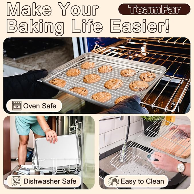 TeamFar Baking Sheet with Rack Set (3 Pans + 3 Racks), 17.6/12.5/10.5 Inch Stainless Steel Cookie Sheet Baking Pans Tray and Cooling Racks for Cooking Roasting, Non-Toxic & Heavy Duty, Dishwasher Safe