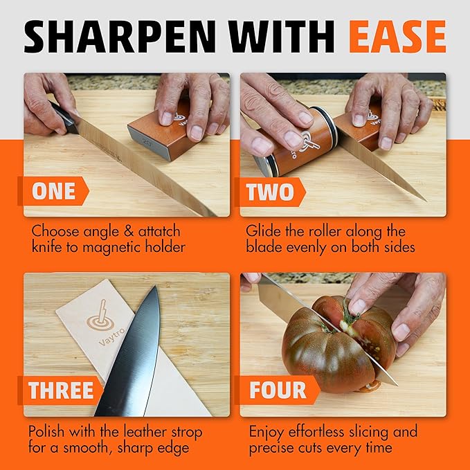 Rolling Knife Sharpener Kit – Manual Kitchen Knife Sharpening Stone System with #400 & #1000 Grit, Diamond Sharpening Tool, 15°/20° Guides & Leather Strop