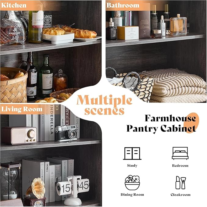 AMERLIFE 2 Pcs Farmhouse Kitchen Pantry Cabinet, 72" Tall Storage Cabinet with Adjustable Shelves & Barn Doors & Drawer, Freestanding Kitchen Cupboard for Dining Room, Living Room, Rustic Grey