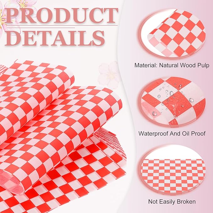 PATIKIL 7.1" x 7.1" Waxed Paper Sheets, 50Pcs Square Pattern Oil-absorbing Dry Food Wrapping Paper for Bakery Coffee Shop Home Baking Kitchen DIY, Red