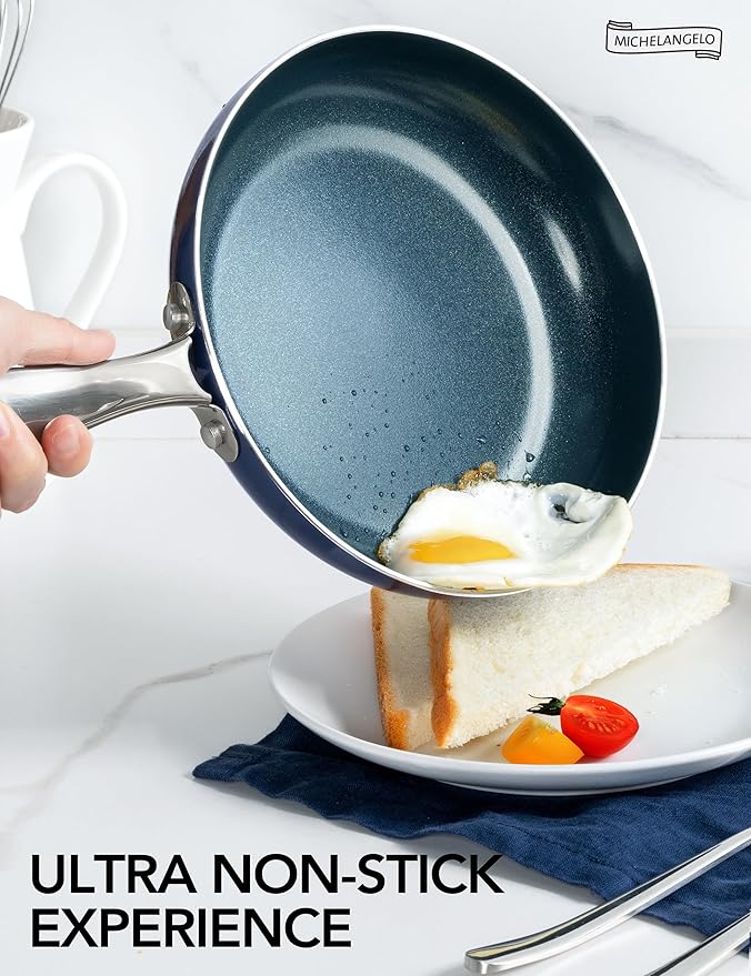 MICHELANGELO 10 Inch Frying Pan with Lid, Blue Frying Pan with Nonstick Diamond Infused Coating, Nonstick Frying Pans, Diamond Fry Pan Blue