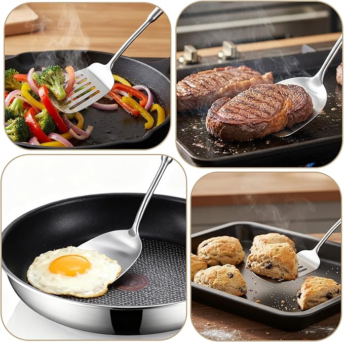 2 Pack 18/10 Stainless Steel Spatula Set 15” L Metal Spatulas for Kitchen Use, Silver Slotted Turner Solid Turner Kitchen Cooking Utensils Set, Heat Resistant Dishwasher Safe Easy to Clean