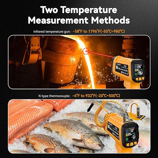 50:1 Infrared Thermometer IR Laser Gun, -58°F to 1796°F, Digital Temperature Gun/K-Type Probe -4°F to 932°F & Humidity Sensor for Cooking, Pizza Oven BBQ HVAC Home-Industrial Use