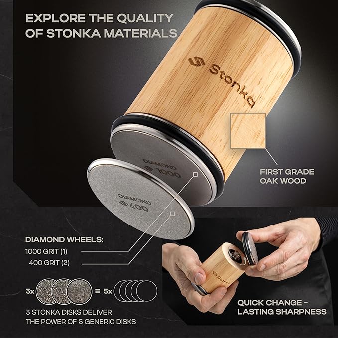 Stonka Oak Rolling Knife Sharpener Kit – Dual-Grit Diamond Wheels Kit (400/1000), Easy to Use Knife Sharpener Roller with Magnetic Holder with 15° & 20°, Leather Strap