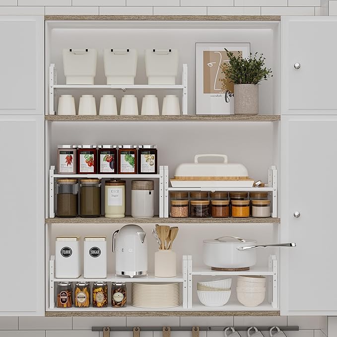 Expandable Shelf for Cabinet Organizer Adjustable Stackable Spice Rack at Kitchen and Bathroom More, Counter Countertop Cupboard Organization Pantry Storage(LARGE/1PACK/WHITE)