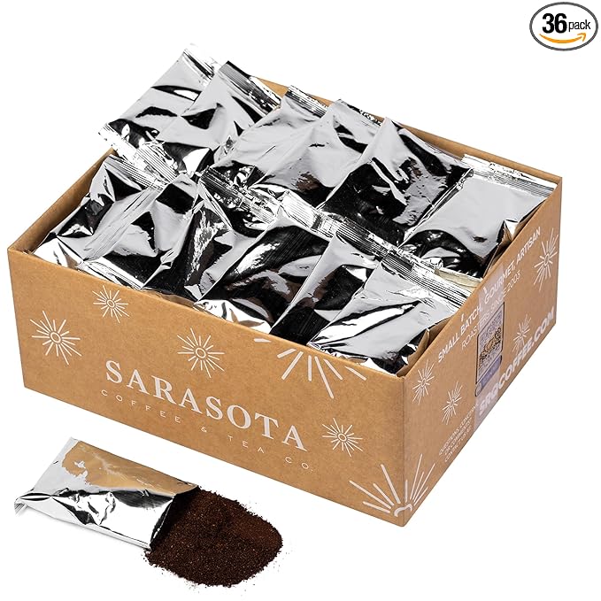 Sarasota Coffee Ground Packets | Gourmet Flavored Medium Roast Bulk Coffee Packs | Christmas Holiday | Low Acid Mold Free Singles Individual Pouches for 12 Cups Maker | 2 Ounce Bags, 36 Count