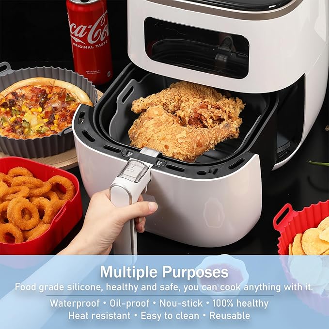 Air Fryer Silicone Liners, Pot 2 Pcs Reusable Non-Stick Air Fryer Basket Bowl Fit 3-6QT Air fryer Baking Replacement of Flammable Parchment Paper(Square, 7.5 Inch)
