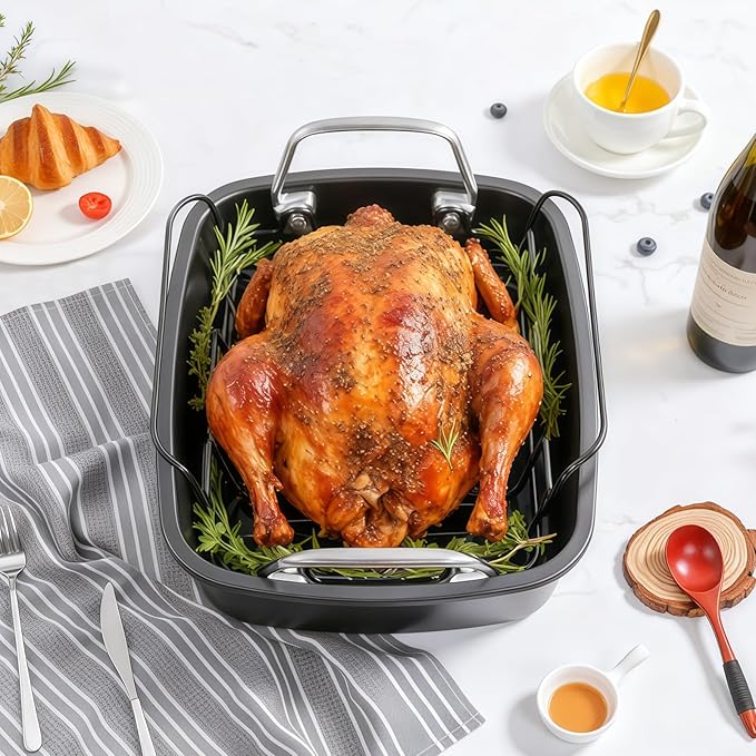 24lb Carbon Steel Nonstick Roasting Pan with Rack - BPA Free, Leak-Proof, 450°F Heat Resistant (17x13x4in) | Oil-Draining, Dishwasher Safe for Thanksgiving Christmas Turkey