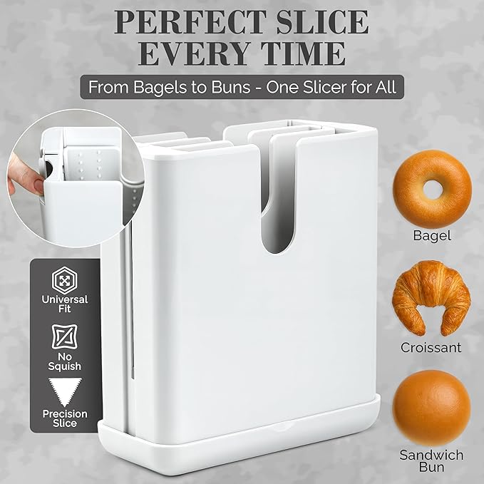 Bagel Cutter Slicer – Precision Bagel Slicer with Auto-Center Holder – Compact 7-Inch Space-Saving Design for Even Cutting Large and Small Bread at Home or Café Kitchen-White