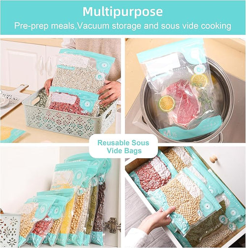 31 PCS Electric Vacuum Sealer, Sous Vide Bags, Portable Mini Vacuum Sealer with 20Pcs Reusable Food Saver Sealer Bags, 4 Sealing Clip, 2 Clips for Sous Vide Cooking, 2 vacuum wine stoppers