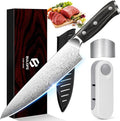 8 Inch Chef Knife, Kitchen Knife with Sharpener and Finger Guard, Professional Steel Sharp Chef's Knife Set with Ergonomic Handle, Gifts for Christmas, Black