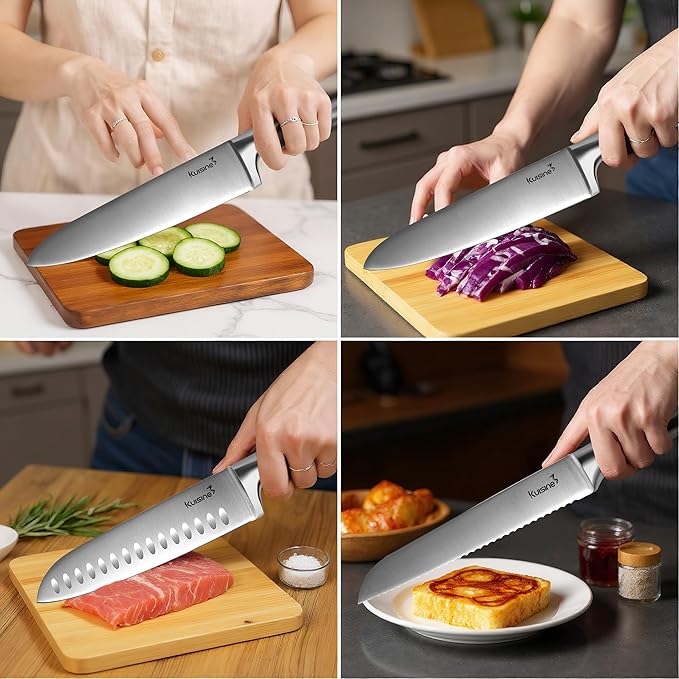 Kuisine Sharp Chef Knife Set with block, One piece Molding High Carbon Stainless Steel Forged,Ergonomic Non-slip Handle Knife Block Set with built-in Sharpener Upgraded (Silver Nature,15PCS)