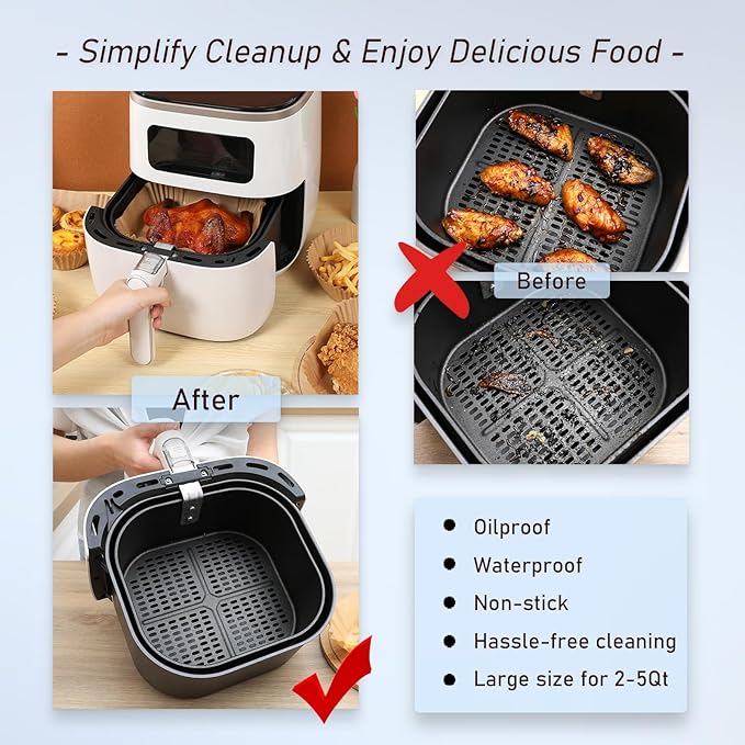 Air Fryer Paper Liners, 100 Pcs Disposable Non-Stick Air Fryer Parchment Paper Fit 2-5QT Air fryer Basket Oil Resistant, Waterproof Baking Paper Roasting Microwave (Square,6.5 Inch)