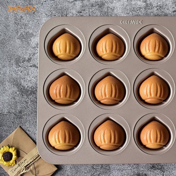 CHEFMADE Muffin Cake pan, 12-Cavity Non-Stick Chestnut-Shaped Bakeware for Oven Baking (Champagne Gold)