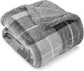 Pavilion Light Grey Plaid Sherpa Throw Blanket for Couch Twin, Plush Flannel Fleece Throws, Soft Fuzzy Cabin Blanket for Sofa Bed, Warm Cozy Winter Gift, 60x80