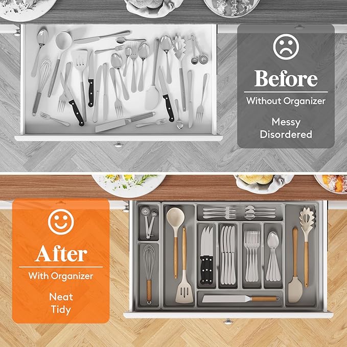 Lifewit Silverware Organizer, Plastic Kitchen Utensil Drawer Tray, Cutlery Flatware Storage Holder for Spoons Forks Knives, 28 x 16 Inches, 10 Compartment, Gray