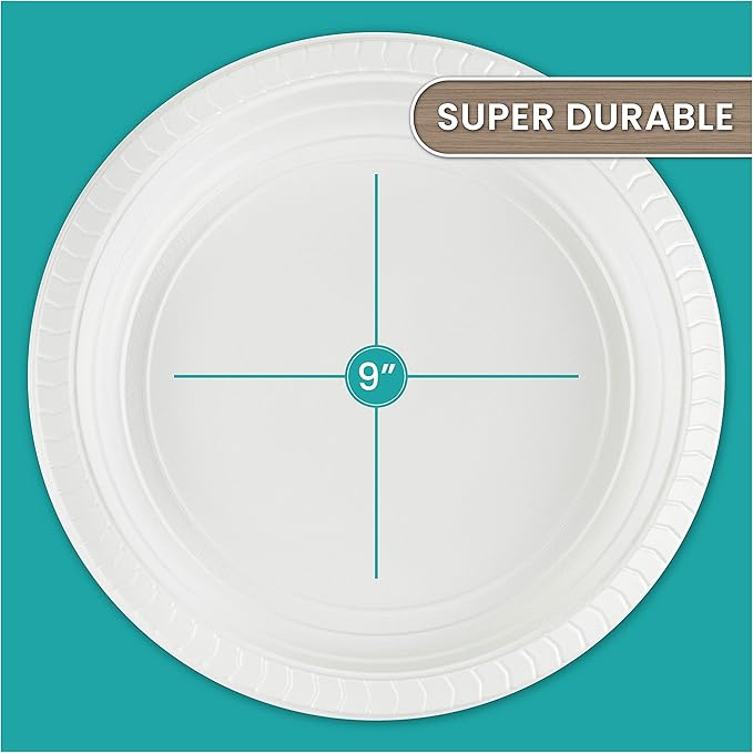 PLASTICPRO 9 inch Round Plastic Plates Microwaveable, Disposable, White, Dinnerware 100 Count