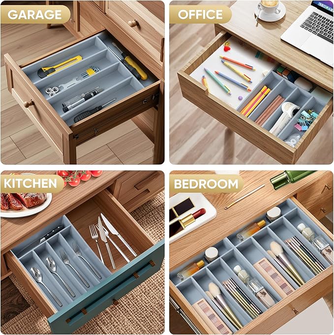 Silverware Organizer, 10 Inch Utensil Organizer Kitchen Drawer Organizer Bamboo Silverware Holder Cutlery Tray Organizer in Drawer Flatware Organizer Tray(5 slots, Gray）