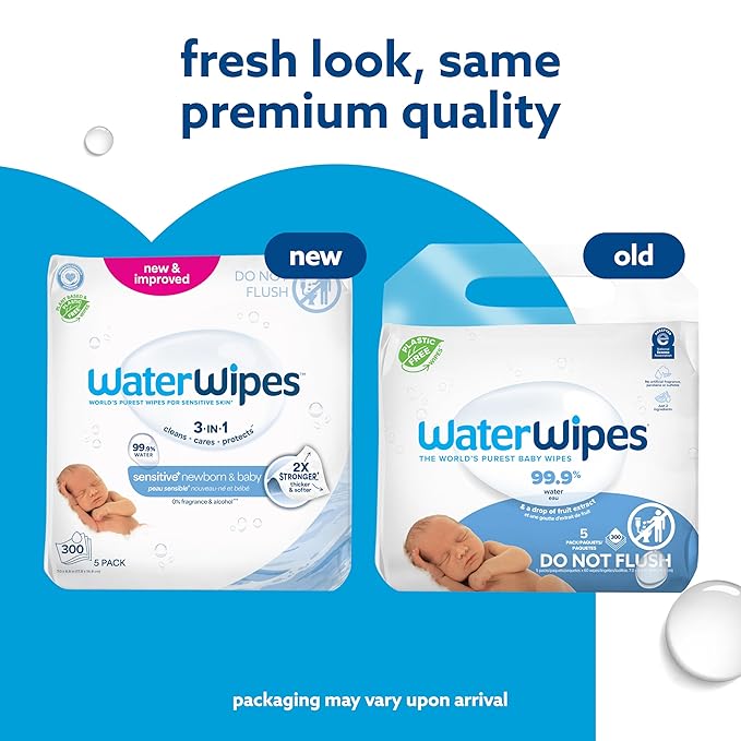 WaterWipes Sensitive+ Newborn & Baby Wipes, 3-In-1 Cleans, Cares, Protects, 99.9% Water, Unscented & Hypoallergenic, 300 Count (5 Packs)