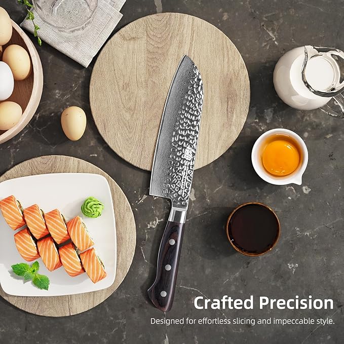 FINDKING 7 Inch Damascus Santoku Knife,Versatile Japanese-Inspired Chef Knife, Multifunctional Asian Culinary for Vegetable Preparation (Raven Series)
