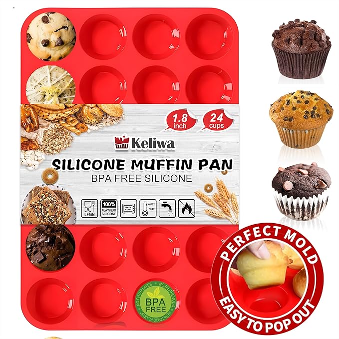 24 Cup Silicone Mini Muffin Pan,Nonstick Food Grade Silicone Baking Cups, Great for Making Muffin Cakes, Tart, Bread- Just Pop Out