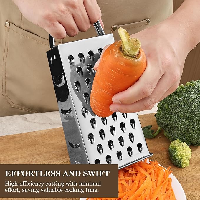 Stainless Steel Vegetable Grater, 4-Sided Portable Metal Grater, Cheese Grater with Handle for Kitchen (8inch)