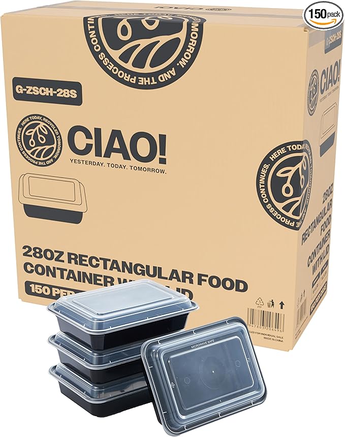 CIAO! Heavy Weight 28oz Injection Molded Microwavable Black Rectangular Food Container with Lid (150/case)