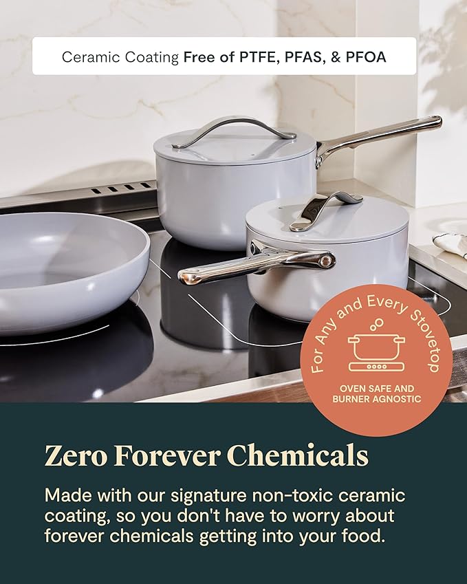 Caraway Deluxe Non-stick Ceramic Cookware Set (16 Piece) Pots, Frying Pans, Lids and Kitchen Storage - PFAS & PFOA Free - Oven Safe Pan Set & Compatible with All Stovetops - Gray