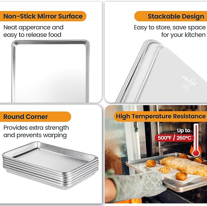6 Pack Half Size Baking Sheet Pan, Aluminum Commercial Cookie Sheet Pan, Durable & Anti-Stick 18”x 13”