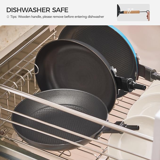 YUTANN 8" Enameled Non-Stick Cast Iron Skillet, Egg Frying Pan with Removable Wooden Handle, PFAS/PFOA Free, Dishwasher & Oven Safe (500°F)