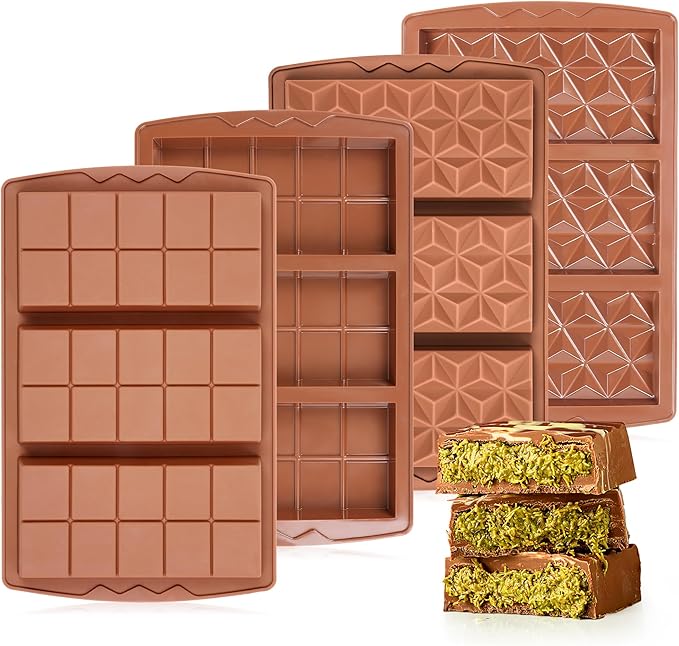 4 Pcs Chocolate Bar Mold Deep Dubai 0.85 Inch Stuffed Chocolate Molds Silicone Large Break Apart Silicone Molds (10 Snap + Pyramid)