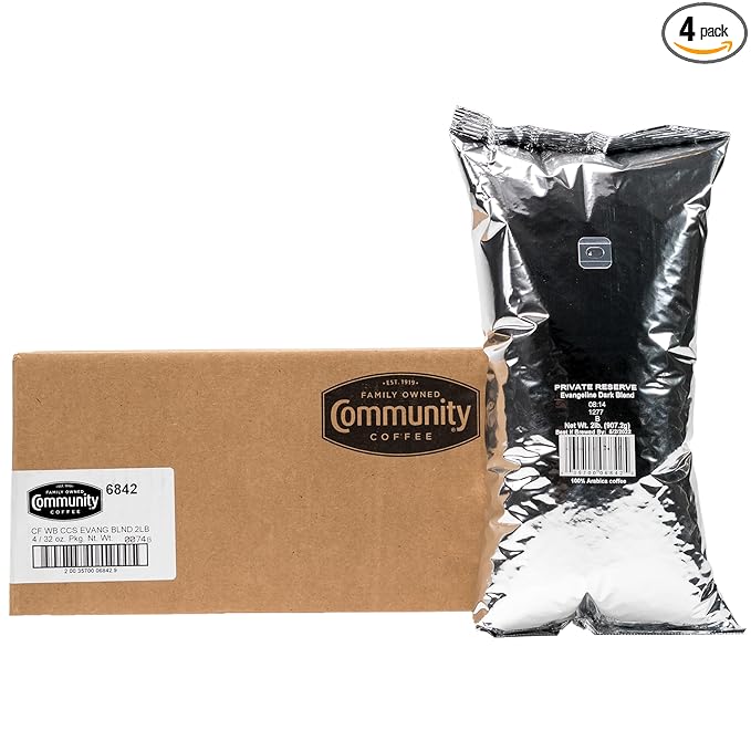 Community Coffee Private Reserve Evangeline Blend Whole Bean Coffee, Dark Roast, 32 Ounce Bag (Pack of 4)