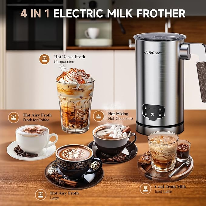 Milk Frother for Coffee, 4-in-1 Milk Frother and Steamer, Warm and Cold Foam Frother for Latte Cappuccinos Café Au Lait Hot Chocolate Matcha, Non-stick Coating Interior