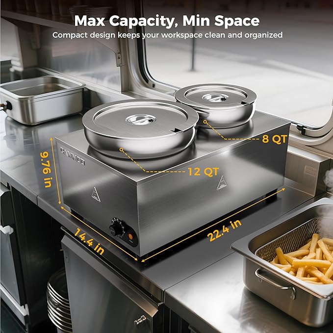20qt 2-in-1 Electric Soup Warmer and Steam Table Food Warmer, 1200W Stainless Steel Bain Marie Pot, 86~185°F Adjustable Temp, Commercial Soup Kettle for Catering Restaurant Buffet