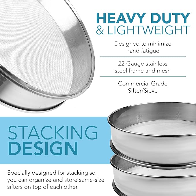 Stainless Steel Flour Sifter Fine Mesh Round Flour Sieve for Baking 16.5" Diameter x 2.88" High; 20 Mesh (Hole Size 0.85mm)