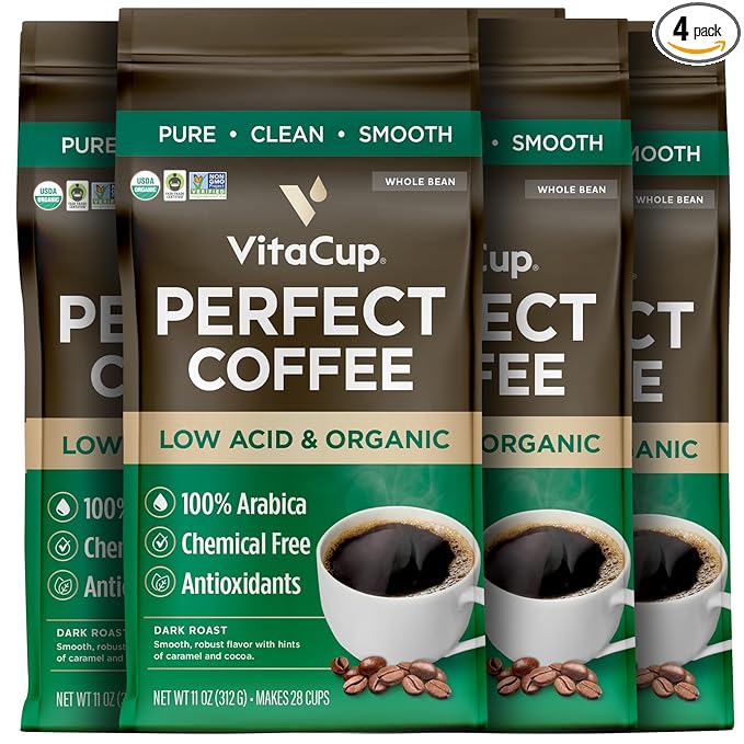 VitaCup Perfect Low Acid Coffee Beans, USDA Organic & Fair Trade, Mycotoxin Free, Dark Roast Guatemala Single Origin, Clean & Pure, Low Acidity, Whole Bean Coffee, 4 bags, 11oz each