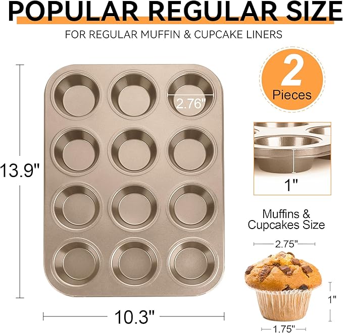 Cupcake Pan Nonstick 2 Pack (Gold, Standard 12 cup)