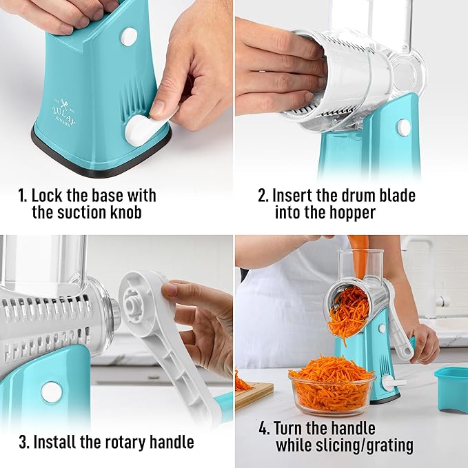 Zulay Kitchen Rotary Cheese Grater 5 Blade Cheese Shredder - Manual Hand Crank Cheese Grater With Reinforced Suction & 5 Interchangeable Drums - Easy to Use, Vegetable Chopper Round Mandoline Slicer