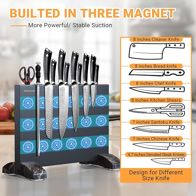 Magnetic Knife Block Without Knives Black Stainless Steel Magnetic Knife Holder Stand with Strong Knife Magnet Double Side Knife Magnetic Strip Knifes Storage Organizer for Kitchen Counter Top