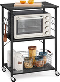 VASAGLE Kitchen Shelf on Wheels, Serving Cart with 3 Shelves, Kitchen Cart, Microwave Shelf, for Mini Oven, Toaster, with 6 Hooks, Industrial Stylee, Ebonized Oak Finish and Black UKKS060B42