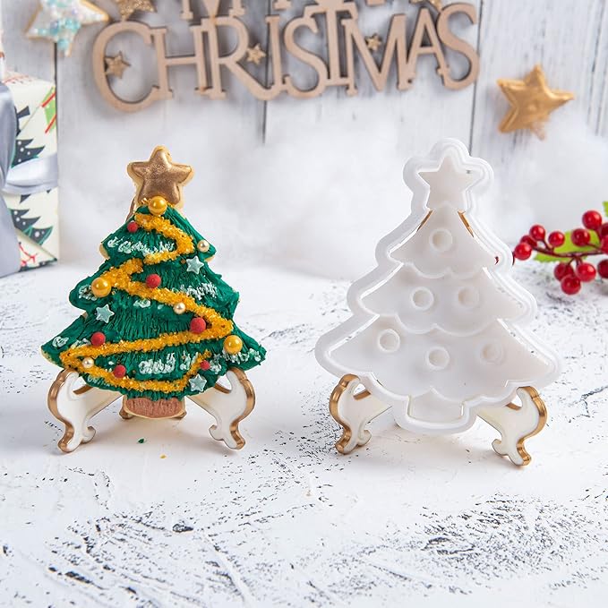 Flycalf Christmas Cookie Cutters Xmas Tree Shapes with Plunger Stamps Holiday PLA Baking Accessories Cutter Molds Gifts Decorative Party 3" Kitchen Cake Supplies