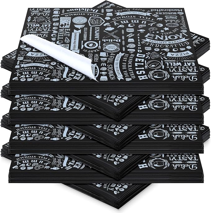 Outus 600 Pcs 8 x 10 inch Deli Wax Paper Sheets Grease Resistant Tray Basket Liners Newsprint Paper Water and Grease Proof Sandwich Wrapping Square Hot Dog Wrappers for Food Baking(Black)