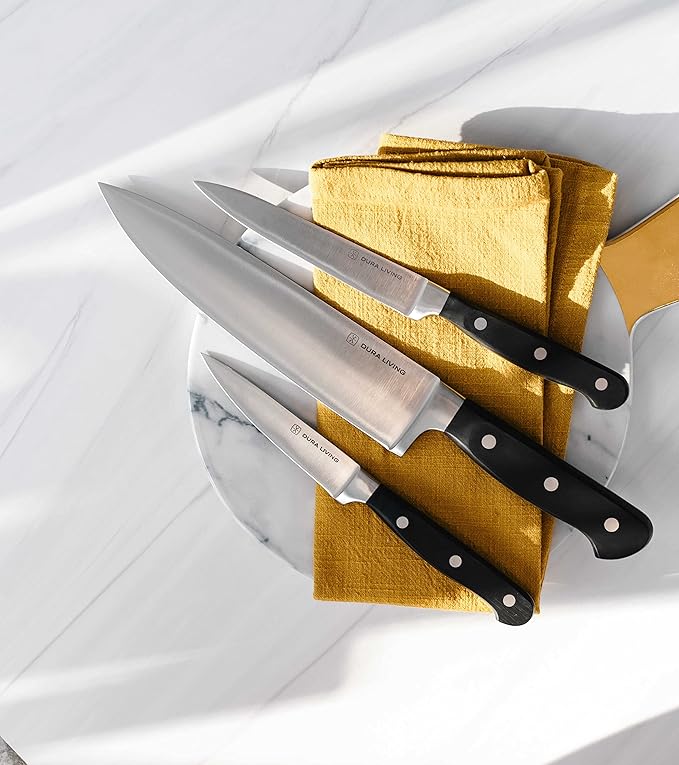 DURA LIVING 3-Piece Kitchen Knife Set – Ultra-Sharp Forged High Carbon Stainless Steel, Includes 8" Chef, 5" Utility, 3.5" Paring Knives, Ergonomic Handles, Professional Starter Set, Black