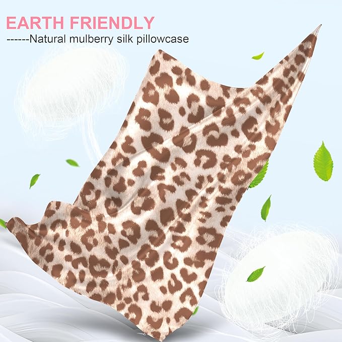 Mulberry Silk Pillow Cases Queen Size with Hidden Zipper, Ultra Smooth and Soft Breathable Cooling Silk Satin Pillowcase for Hair and Skin, Gifts for Women Men (Leopard Beige, 20x30 Inches, 1 Pack)