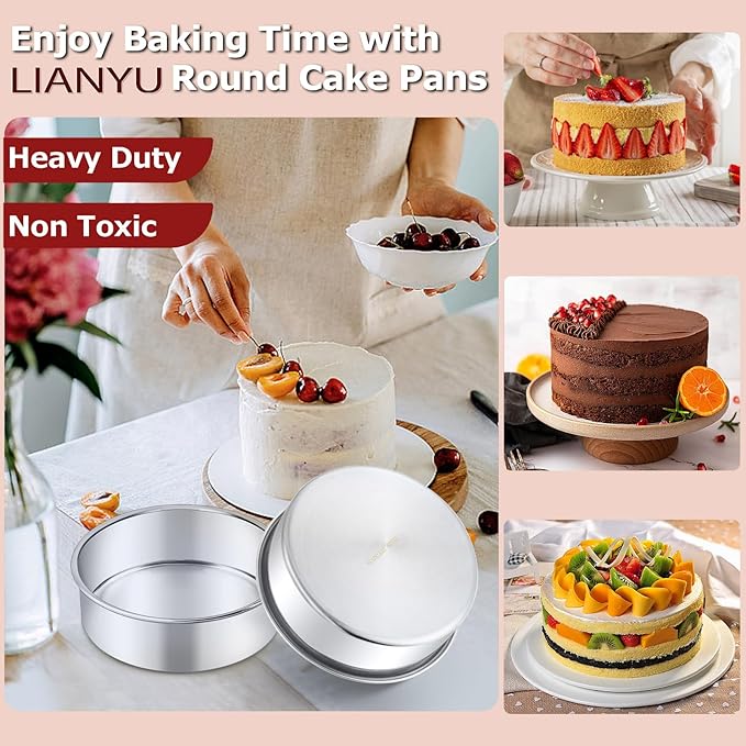 LIANYU 8 Inch Round Cake Pan Set of 2, Stainless Steel Baking Pans with 60 PCS Parchment Paper, Metal Circle Layer Cake Tins for Birthday Christmas Party, Oven & Dishwasher Safe