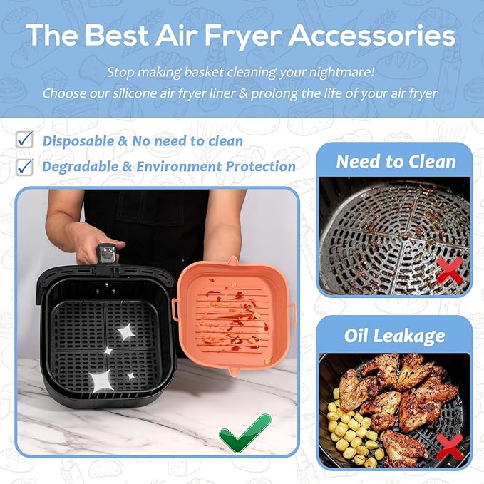 [2 Pack] Silicone Air Fryer Liners Square - Reusable Airfryer Basket - Easy to Clean Air Fryers Pot for 5.8 to 8 Qt Large Air Fryer Baking Tray Oven Accessories, 8.5 Inch