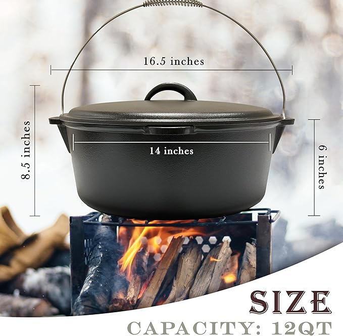 Cuisiland 12 Quart Cast Iron Dutch Oven with Dome Lid & Bail Handle – Pre-Seasoned Large Campfire Pot for Outdoor Cooking, Roasting, Baking & Stews – Heavy-Duty Cookware with Even Heat Distribution